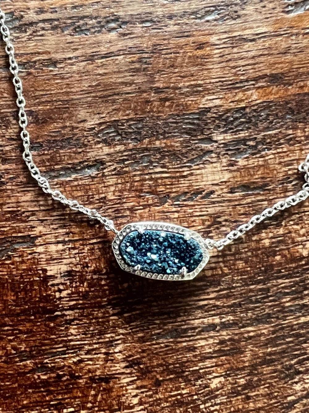Kendra Scott Silver Necklace with Dark Blue Druzy Pendant